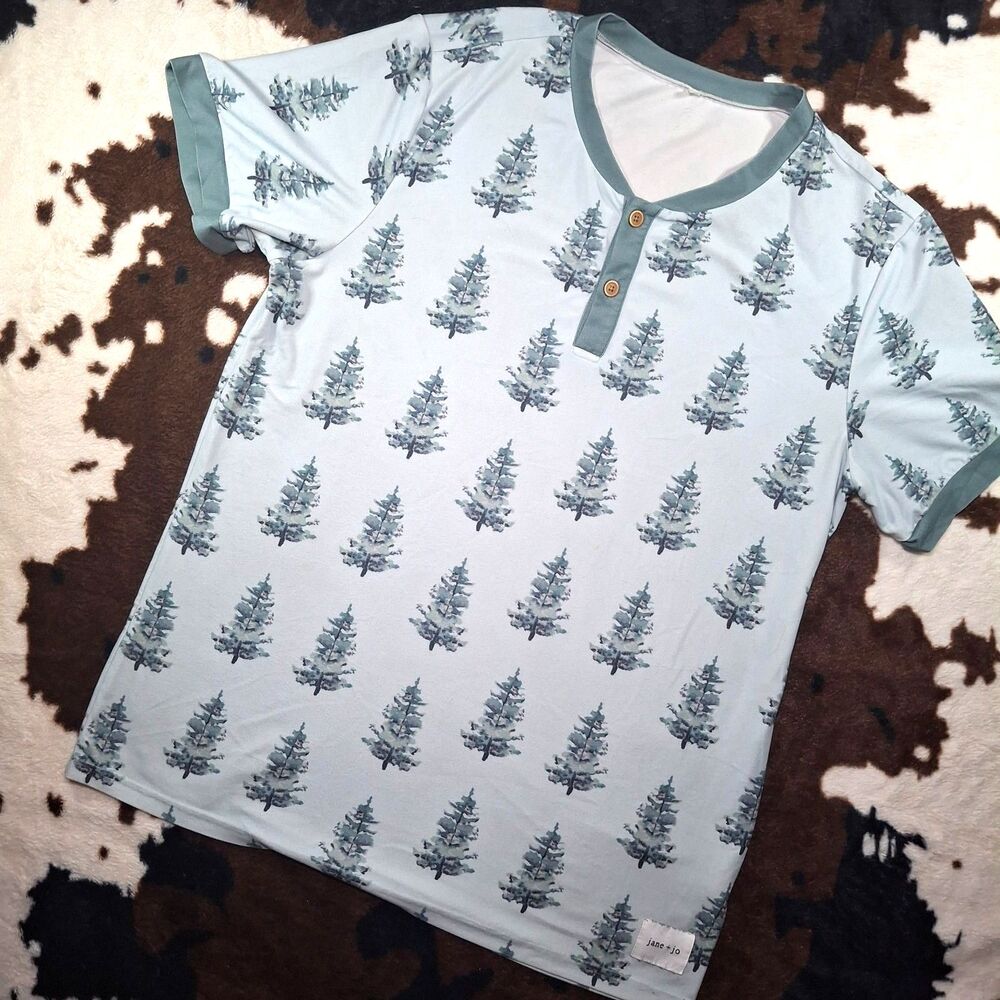 Jane+Jo Pine Tree Henley Lrg Cabin Core Mens Pajama Top Lounge Tee Grandpa Core